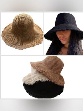 🔥🔥🆕Stylish Frayed Edge Foldable khaki Straw foldable Wide brim Hat